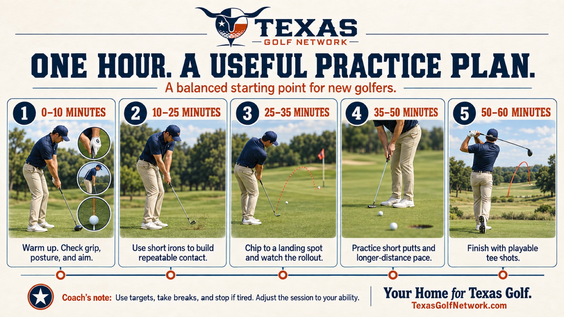 Use this one-hour beginner golf practice plan for setup, irons, chipping, putting, and tee shots. Build a repeatable routine at your local Texas course.