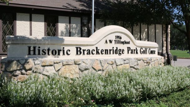 Historic Brackenridge Park Golf Course entrance sign and clubhouse in San Antonio.