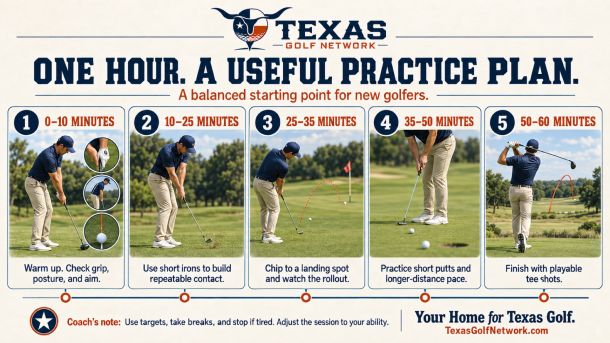 Use this one-hour beginner golf practice plan for setup, irons, chipping, putting, and tee shots. Build a repeatable routine at your local Texas course.