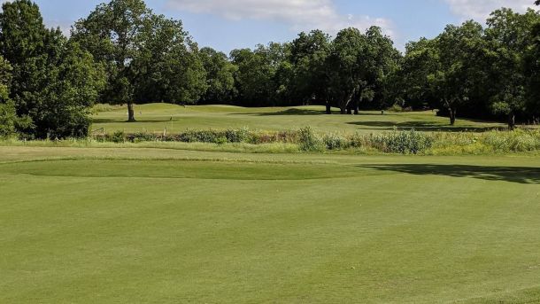 Green and surrounding trees at Harvey Penick Golf Campus in Austin, Texas.