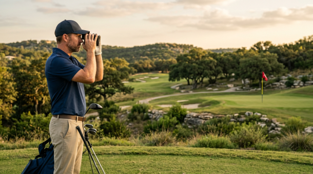 Golfer using binoculars beside his clubs on a scenic golf course