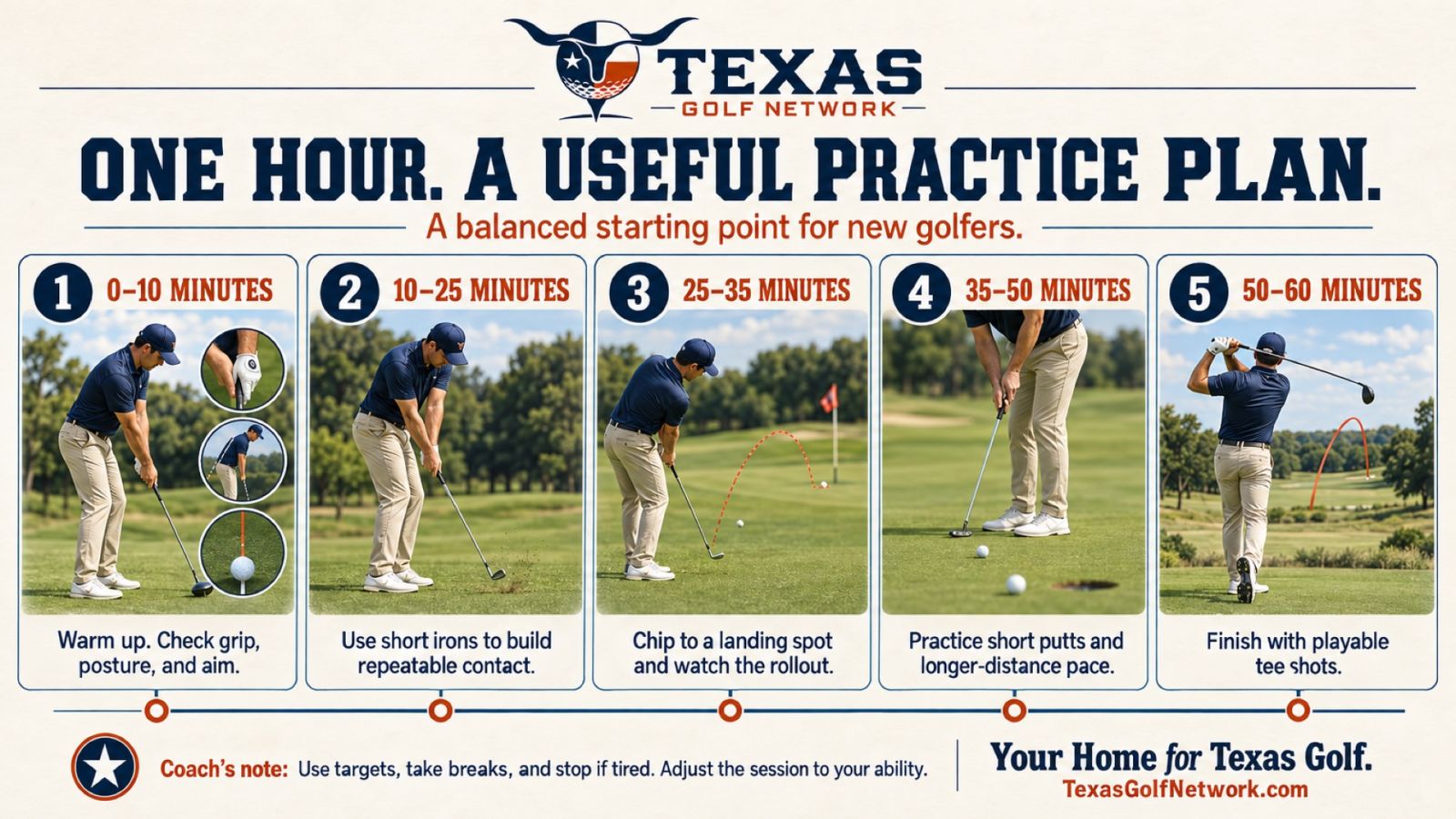Use this one-hour beginner golf practice plan for setup, irons, chipping, putting, and tee shots. Build a repeatable routine at your local Texas course.